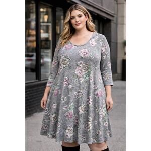 Torrid Super Soft Plush Floral Swing Dress Gray 3/4 Sleeve Plus Size 0 Romantic